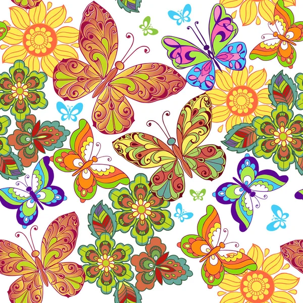 Sommer nahtlose Muster mit bunten Schmetterlingen. dekorative Ornamentkulisse für Stoff, Textilien, Packpapier. — Stockvektor