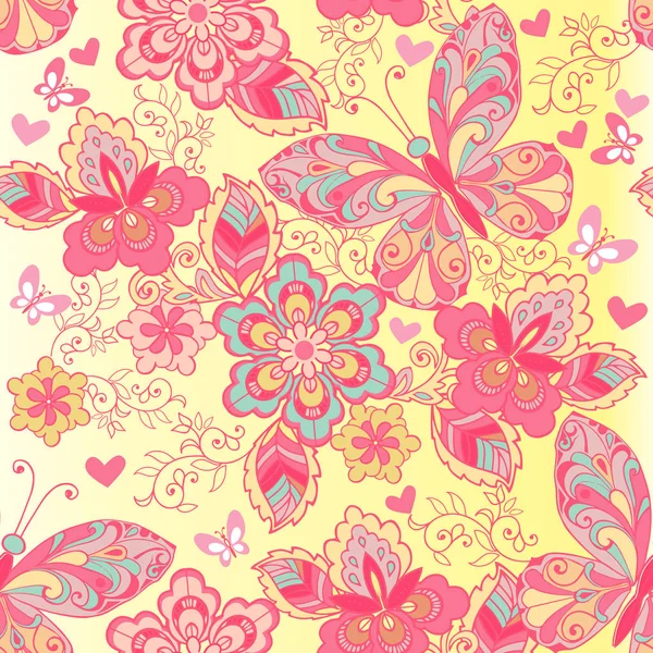 粉红色的蝴蝶和花朵的无缝模式。织物，纺织，包装纸装饰背景. — 图库矢量图片