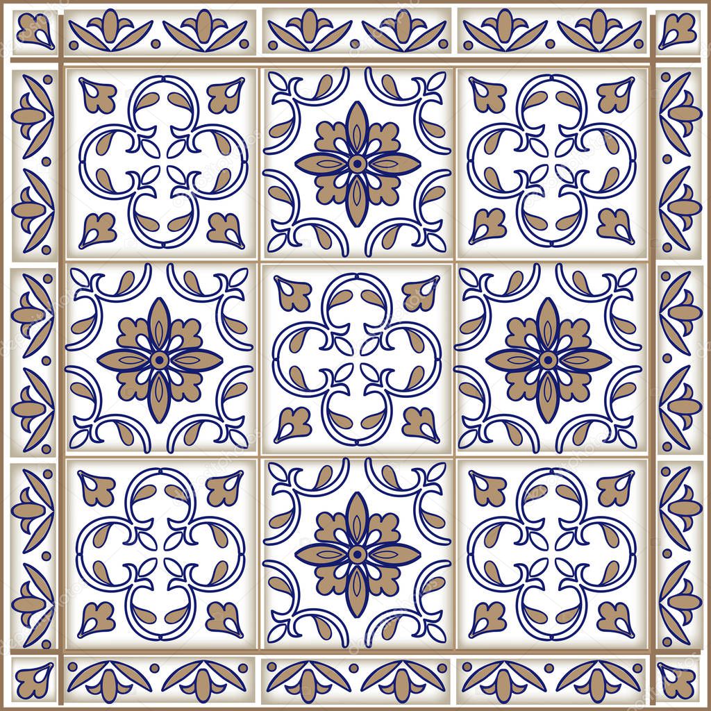 Seamless patchwork pattern from Moroccan ,Portuguese tiles in blue.