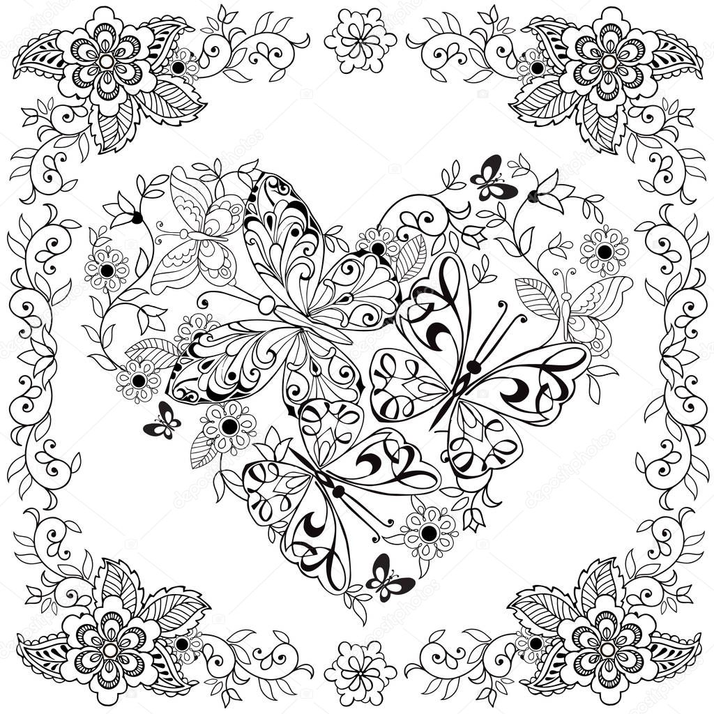 Hand drawn heart of butterflies for the anti stress coloring page/Hand drawn heart of butterflies for the anti stress coloring page