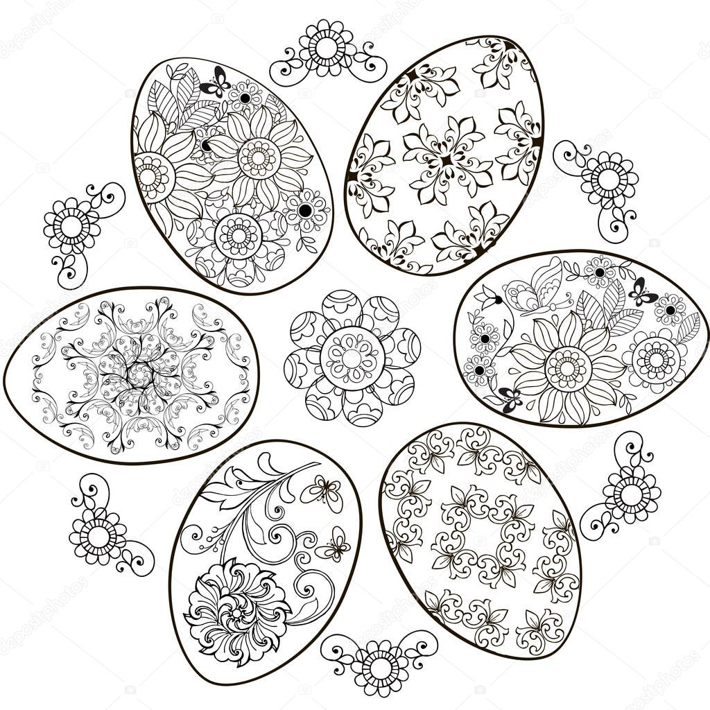 Set of Easter eggs and design elements. Monochrome hand drawings for coloring antistress.