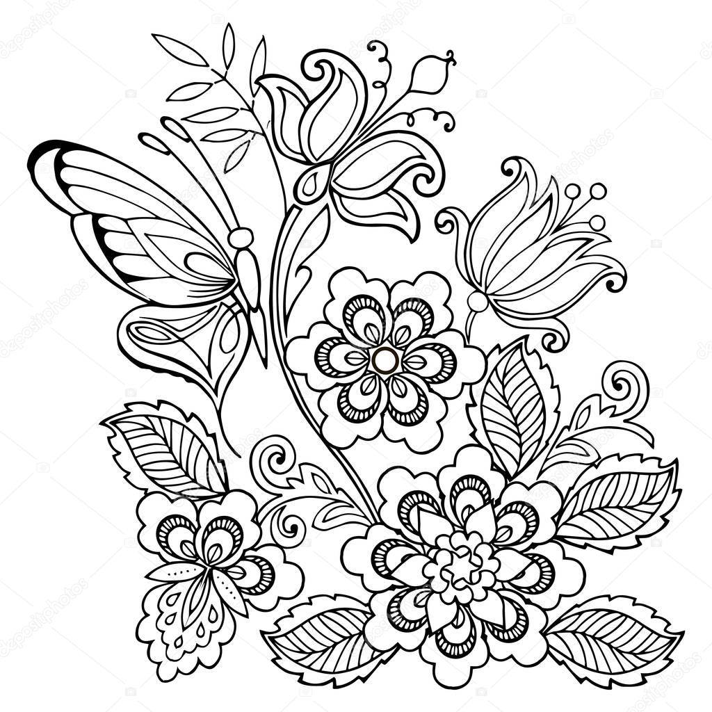 Seamless ornament flowers and butterflies for the anti stress coloring page.