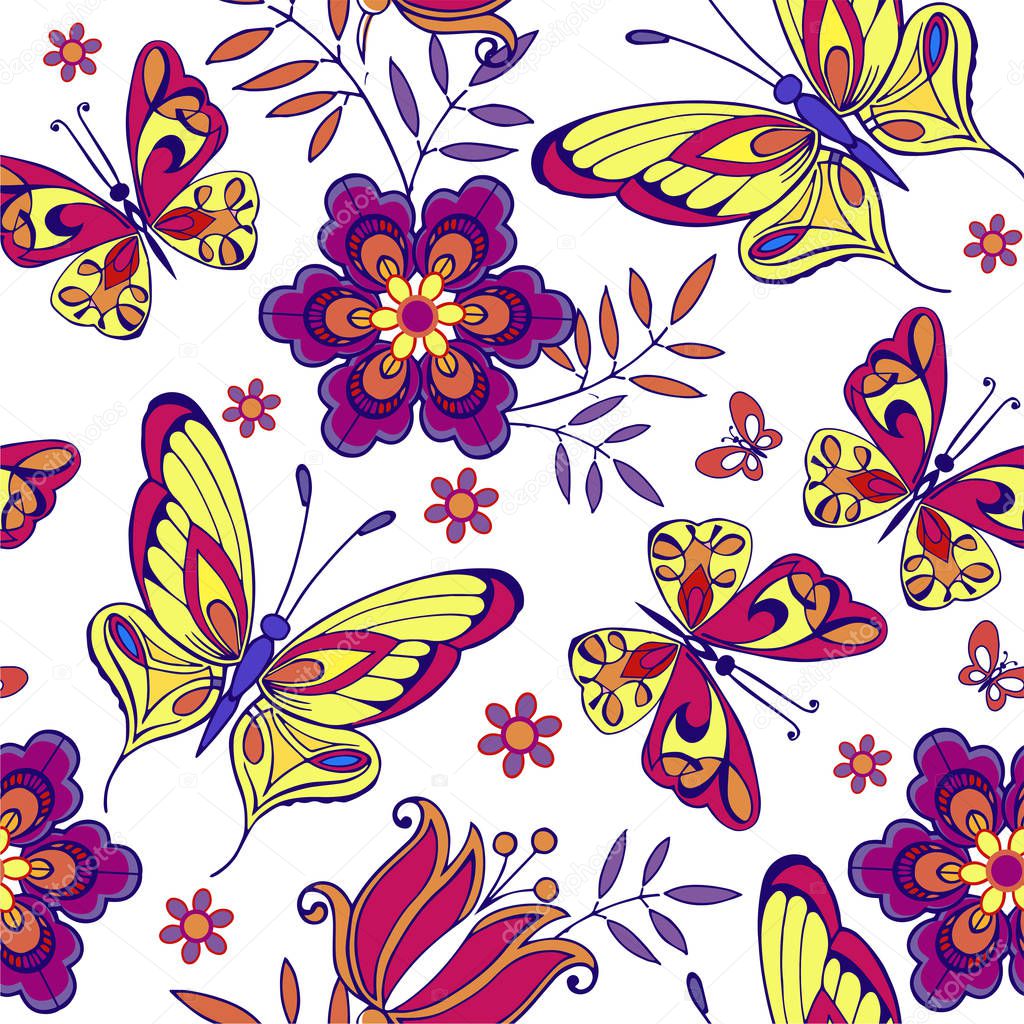 Multicolored seamless pattern with flowers and butterflies. Decorative ornament backdrop for fabric, textile, wrapping paper.