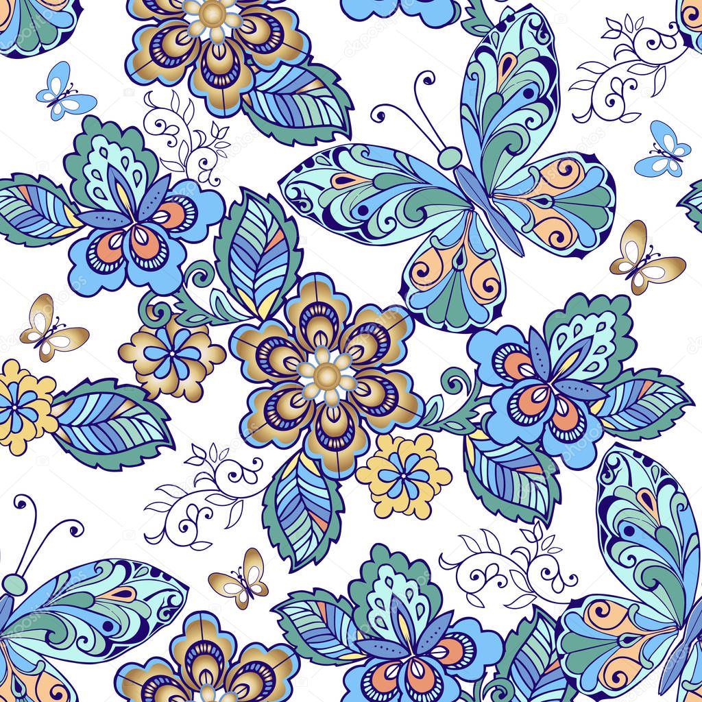Vector seamless pattern of butterflies and flowers in blue and green colors. Decorative ornament backdrop for fabric, textile, wrapping paper.
