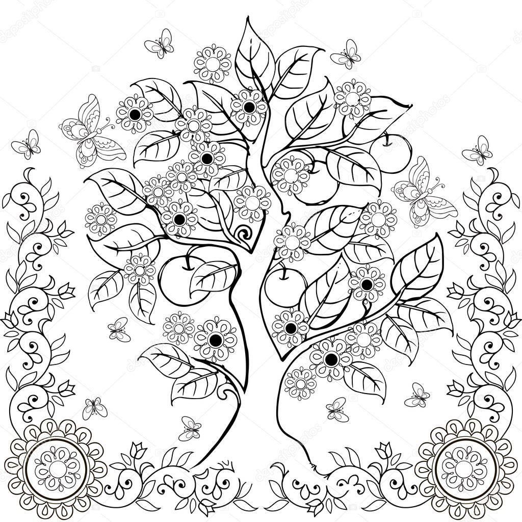 Drawing hands tree with flowers and apples. Spring. Adult coloring books