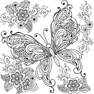 Çizilmiş dekoratif el kelebek çiçek için sayfa boyama anti stres ile