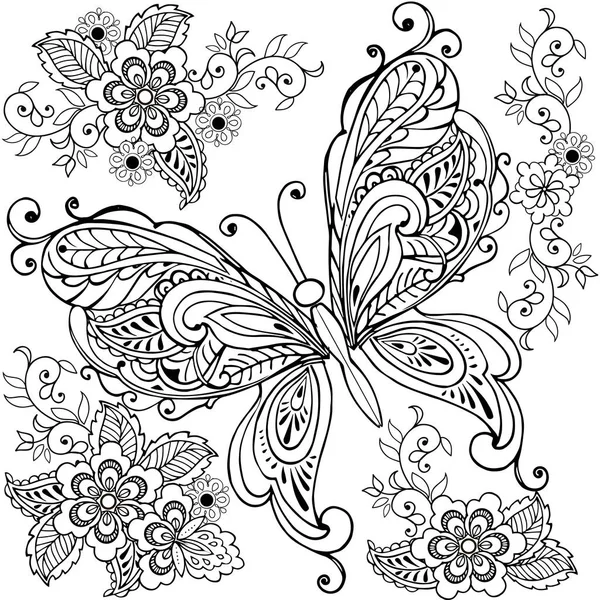 Papillon décoratif dessiné à la main avec des fleurs pour la coloration anti stress — Image vectorielle