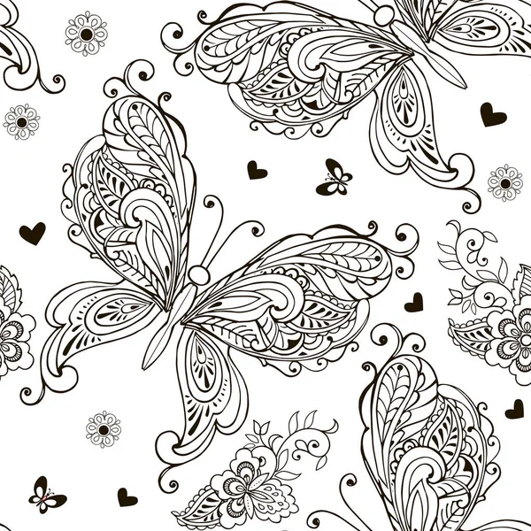 Patrón sin costuras con mariposas decorativas, flores y corazones. Libro para colorear — Archivo Imágenes Vectoriales