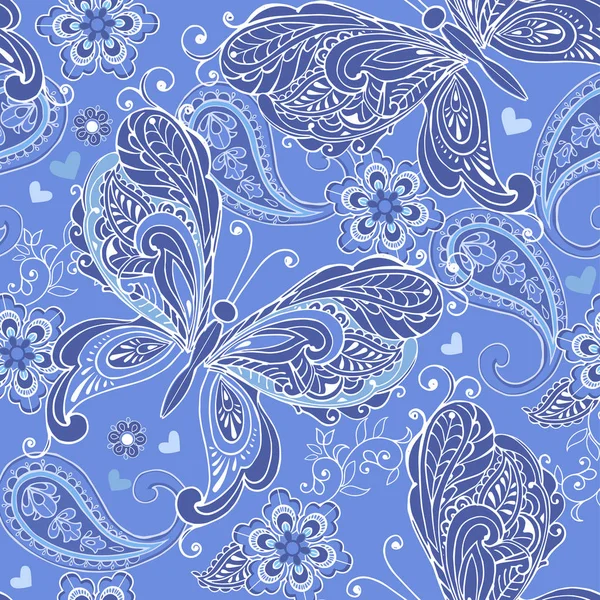 Niedliche nahtlose Muster mit dekorativen Schmetterlingen und Herzen und Paisley in blau. Vintage Blumen nahtlose Ornamente in blauen Farben. dekorative Ornamentkulisse für Stoff, Textilien, Packpapier — Stockvektor