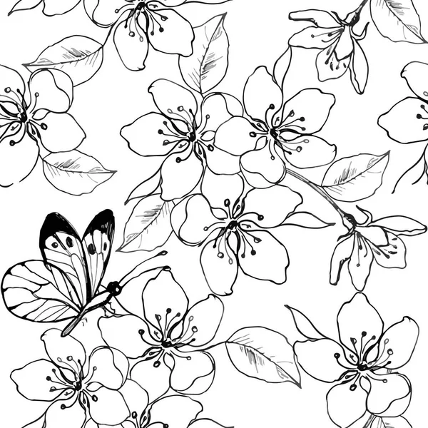 Rama dibujada a mano de flor de cerezo, pera, manzano con mariposa. Patrón sin costura vectorial de flores de primavera para la página anti estrés para colorear . — Archivo Imágenes Vectoriales