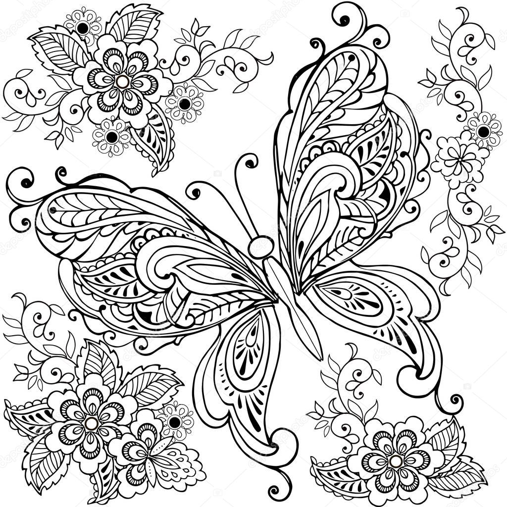 Hand drawn Decorative butterfly with florals for the anti stress coloring page