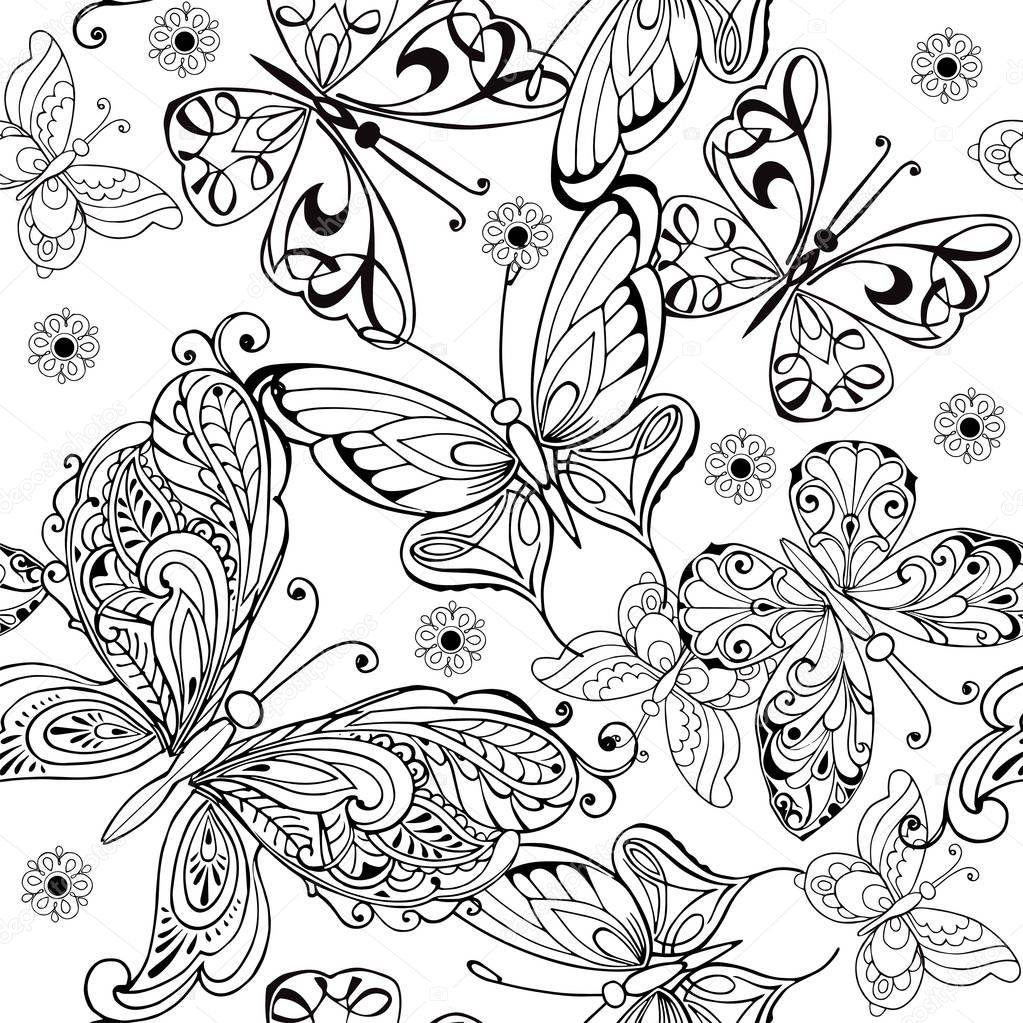 Hand drawing seamless pattern of butterflies. Vector seamless pattern of butterflies for the anti stress coloring page.