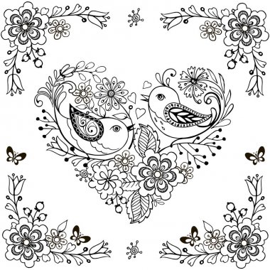 El çiçekler ve kuşlar sayfa boyama anti stres için çekilmiş. Çiçekler ve kuşlar vektör kalp.