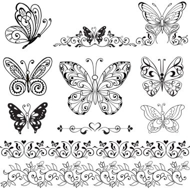 Dekoratif kelebek tek renkli topluluğu. Kelebekler ile çiçek sınırları. Kelebekler üzerinde beyaz izole Vintage koleksiyonu