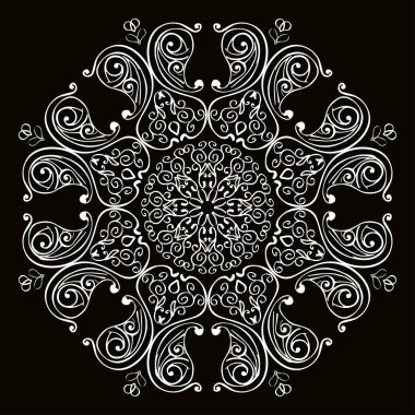 Oryantal mandala paisley siyah bir arka plan üzerine beyaz.