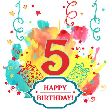 Renkli mutlu doğum günü tebrik kartı 5 yıl.