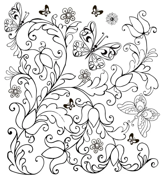 Fleurs et papillons dessinés à la main pour la coloration anti stress . — Image vectorielle