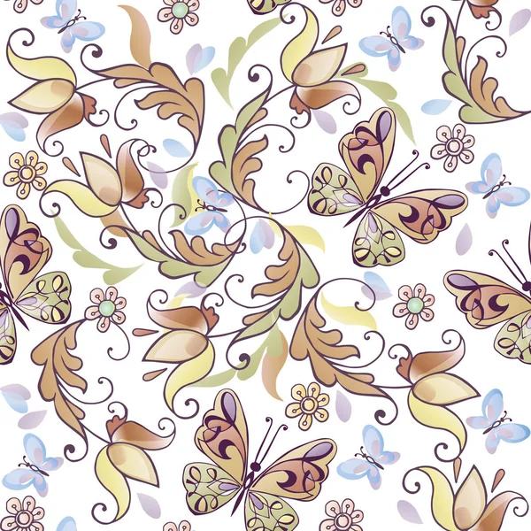 Lindo patrón floral sin costuras con mariposas azules. Fondo floral vectorial para tarjetas de felicitación, invitaciones. Fondo de adorno decorativo para tela, textil, papel de envolver — Archivo Imágenes Vectoriales