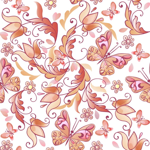 Schattig roze naadloze bloemmotief met vlinders en harten. Vector naadloze bloemmotief voor wenskaarten, uitnodigingen. Decoratieve sieraad decor voor stof, textiel, inpakpapier. — Stockvector