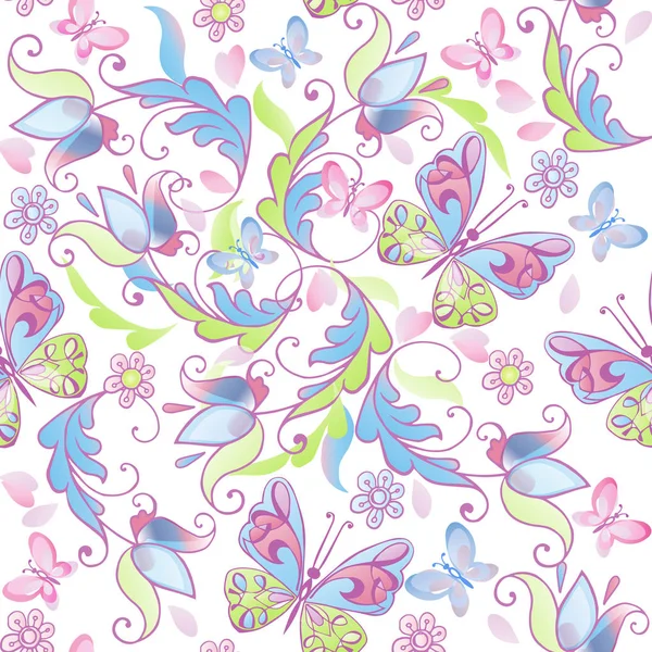 Niedliche florale nahtlose Muster mit rosa und blauen Schmetterlingen. dekorative Ornamentkulisse für Stoff, Textilien, Packpapier. Vektorillustration. — Stockvektor