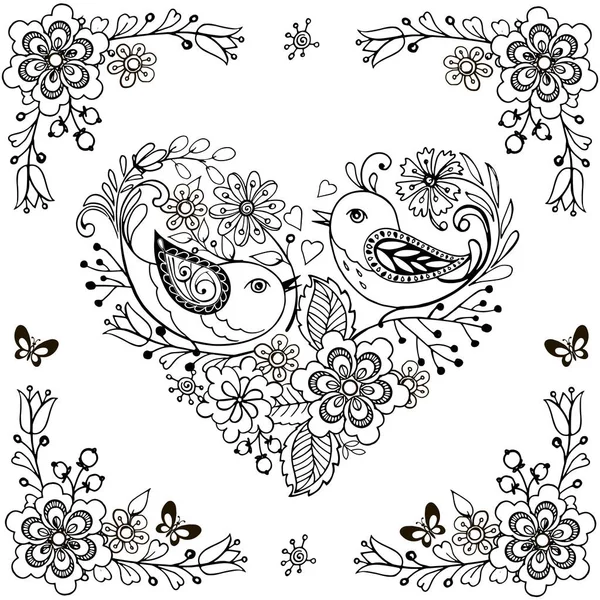 Fleurs et oiseaux dessinés à la main pour la coloration anti stress. Coeur vecteur composé de fleurs et d'oiseaux . — Image vectorielle