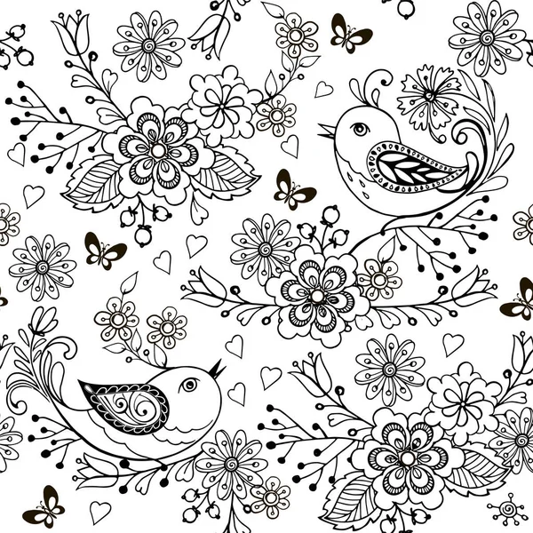 Flores y pájaros dibujados a mano para la página anti estrés para colorear. Patrón sin costura floral con pájaros . — Archivo Imágenes Vectoriales