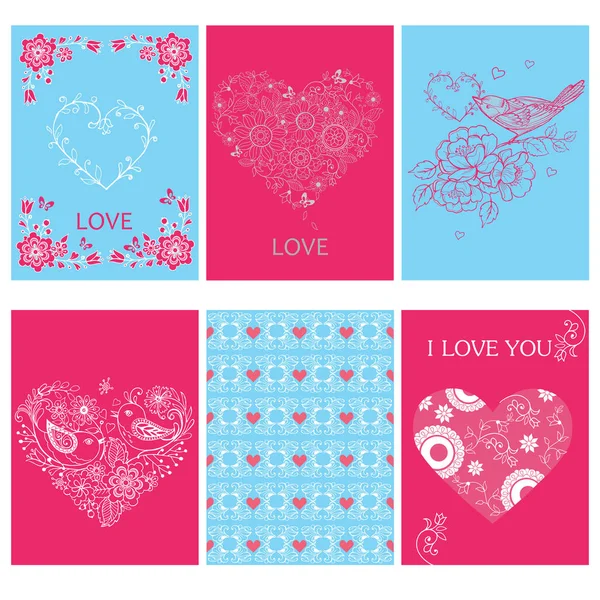 Набор милых открыток с дизайнерской темой любви. Открытки на розовом и синем фоне . — стоковый вектор