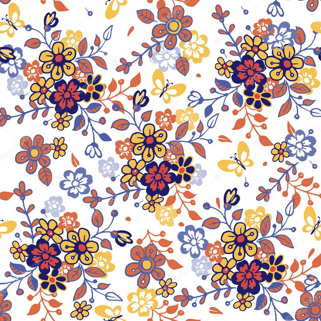 Cute seamless floral pattern with butterflies. Hand drawn stylized little flower seamless pattern. Colorful background for fabric, textile, wrapping paper. Spring summer mood, holidays, garden flora