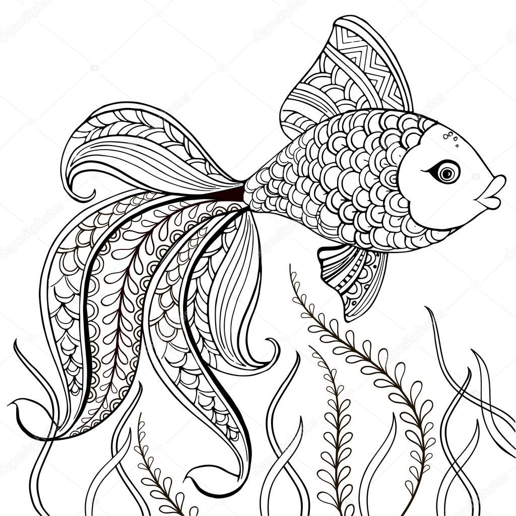 Hand drawn decorative fish for for the anti stress coloring page. Hand drawn black decorative fish isolated on white background.
