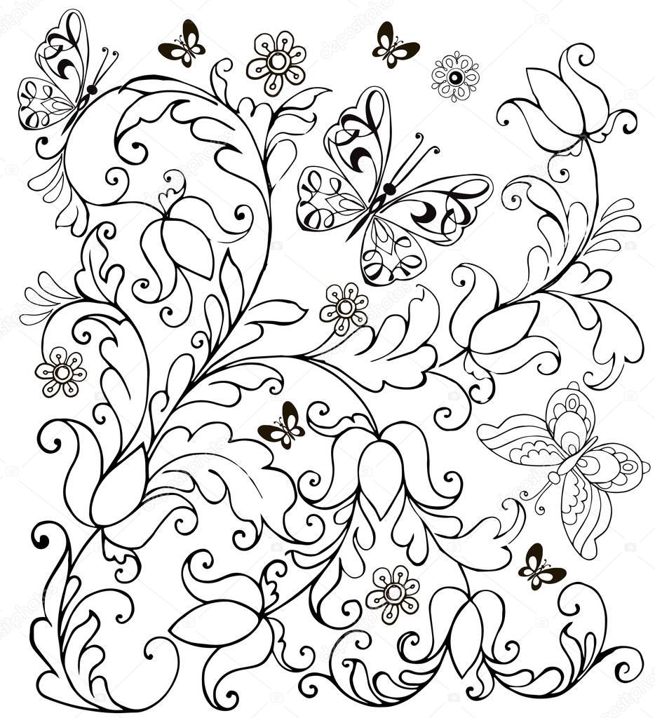 Hand drawn flowers and butterflies for the anti stress coloring page.