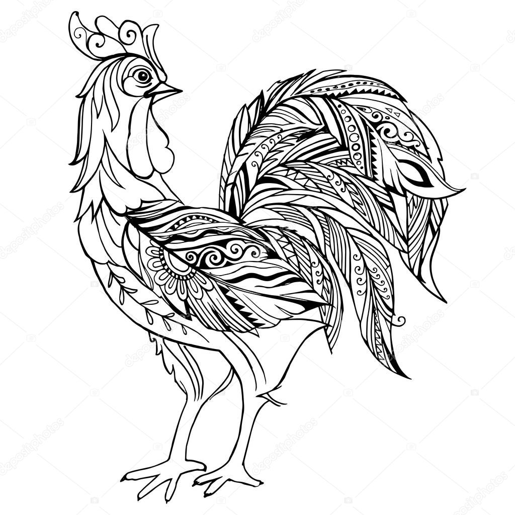 Hand drawn rooster for the anti stress coloring page.