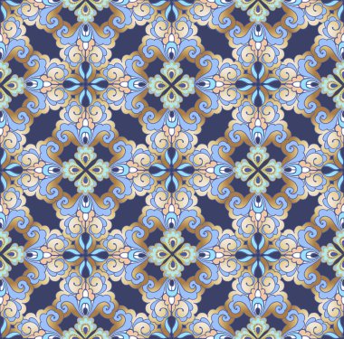 Doğu, Hint, İran altın sorunsuz süs mavi bir arka plan üzerinde. Kumaş, tekstil, kağıt ambalaj için Dekoratif süsleme zemin.