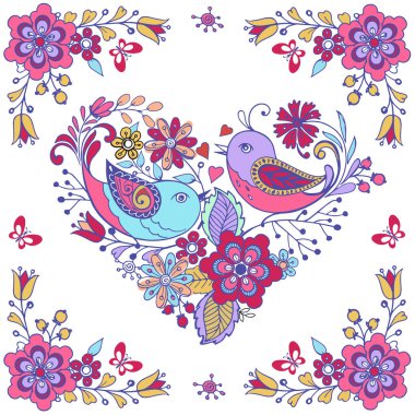 Vektör kartı şirin kuş pembe ve mavi.