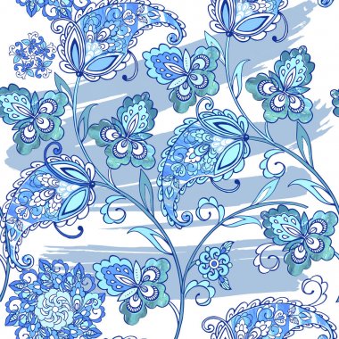 Geleneksel oryantal Dikişsiz desenli desen sulu boya lekeleri ile. Vintage sorunsuz süs mavi renklerde çiçekler. Kumaş, tekstil, kağıt ambalaj için Dekoratif süsleme zemin.