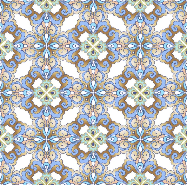 Tuile orientale de luxe motif sans couture. Fleurs vintage ornement sans couture dans les couleurs or et bleu. Décoration décor toile de fond pour tissu, textile, papier d'emballage . — Image vectorielle