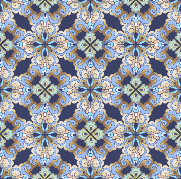 Ornamento sem emenda oriental, indiano, persa dourado em um fundo azul. Ornamento decorativo para tecido, têxtil, papel de embrulho . —  Vetores de Stock