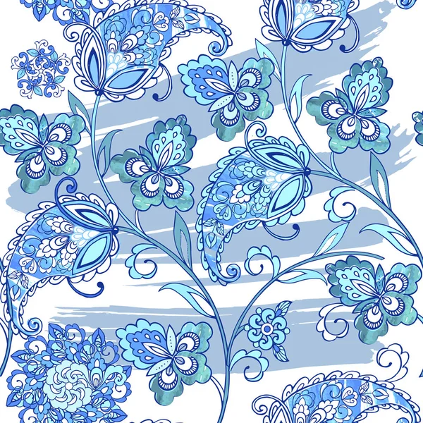 Geleneksel oryantal Dikişsiz desenli desen sulu boya lekeleri ile. Vintage sorunsuz süs mavi renklerde çiçekler. Kumaş, tekstil, kağıt ambalaj için Dekoratif süsleme zemin.