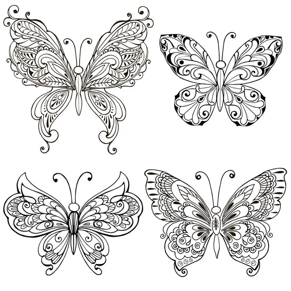 Sada s dekorativní motýly pro zbarvení stránku. Okrasné vzorované tisk, monochromatický skica. — Stockový vektor