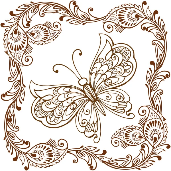 Decoratieve vlinder met Indiase paisley sieraad. Decoratieve butterfly voor Antistress kleuren. Vectorillustratie. — Stockvector