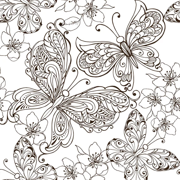 Fleurs et papillons dessinés à la main pour la coloration anti stress. Ornement floral sans couture avec des papillons monochrome . — Image vectorielle