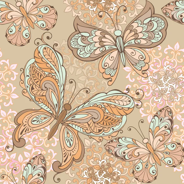 Trendiger nahtloser floraler Print in Pastellfarben. nahtloses Muster mit dekorativen Schmetterlingen in Pastellfarben. Vektorillustration. — Stockvektor