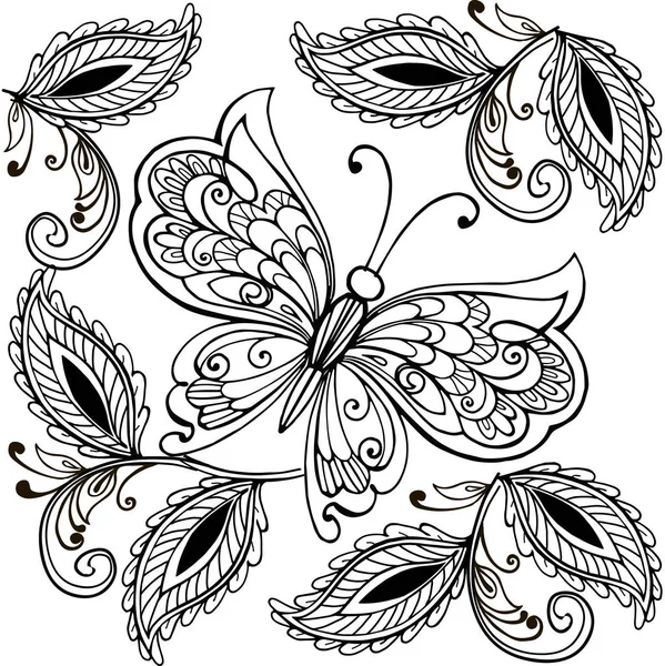 Papillon dessiné à la main et feuilles décoratives adultes anti stress pages à colorier, impression de t-shirt. Boho, conception de tatouage au henné . — Image vectorielle