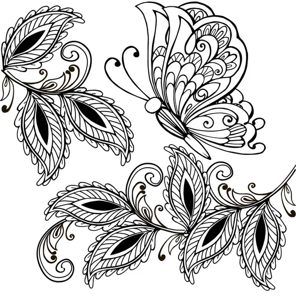 Borboleta desenhada à mão e folhas decorativas adulto anti stress colorir páginas, t-shirt imprimir. Boho, design de tatuagem de henna . — Vetor de Stock