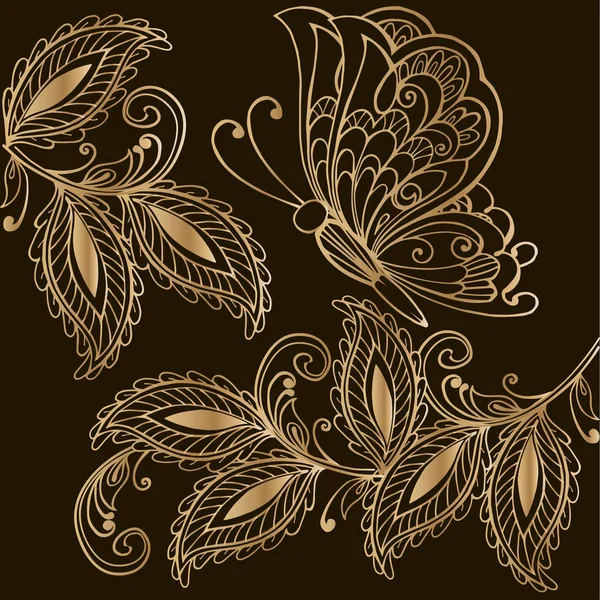 Arnamette décorative dorée avec papillon sur fond marron — Image vectorielle