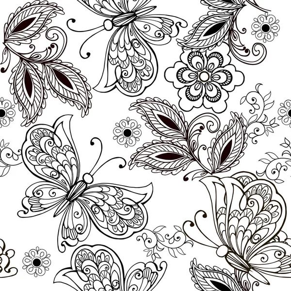 Fleurs et papillons dessinés à la main pour la coloration anti stress . — Image vectorielle