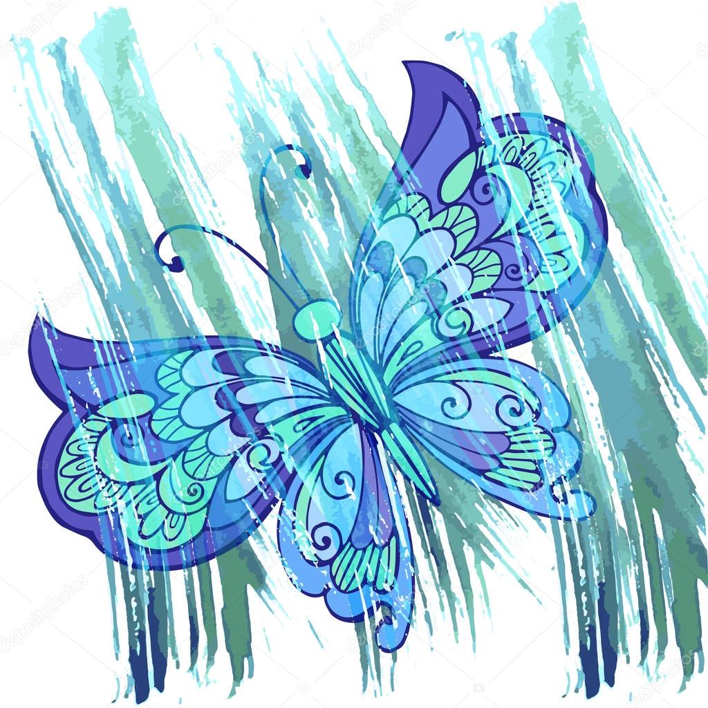 Decorative butterfly with watercolor background color indigo. Hand draw vector Illustration.