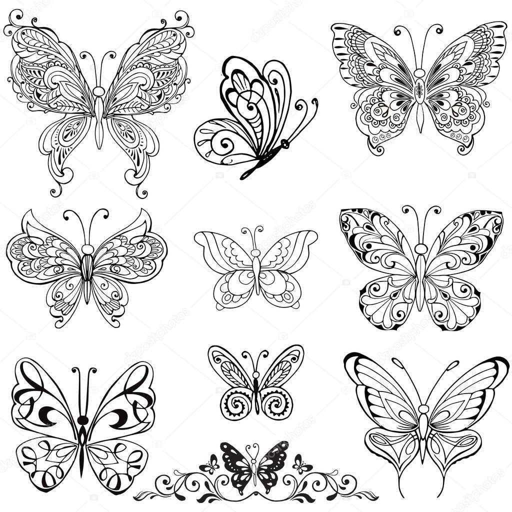 Collection of black decorative butterfly. Hand draw vector Illustration