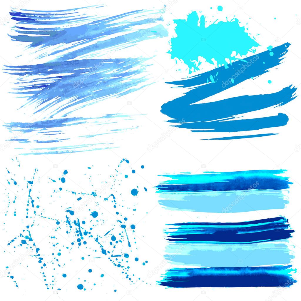 Collection of of azure blue watercolor brush strokes, stains, blots. Vector illustration.