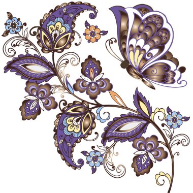 Kelebekler ve Doğu süsleme ile zarif vektör arka plan. Altın çiçek süsleme paisley