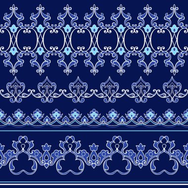 Kenarlıklar sorunsuz oryantal süs mavi renk kümesi. Kumaş, tekstil, kağıt ambalaj için Dekoratif süsleme zemin.